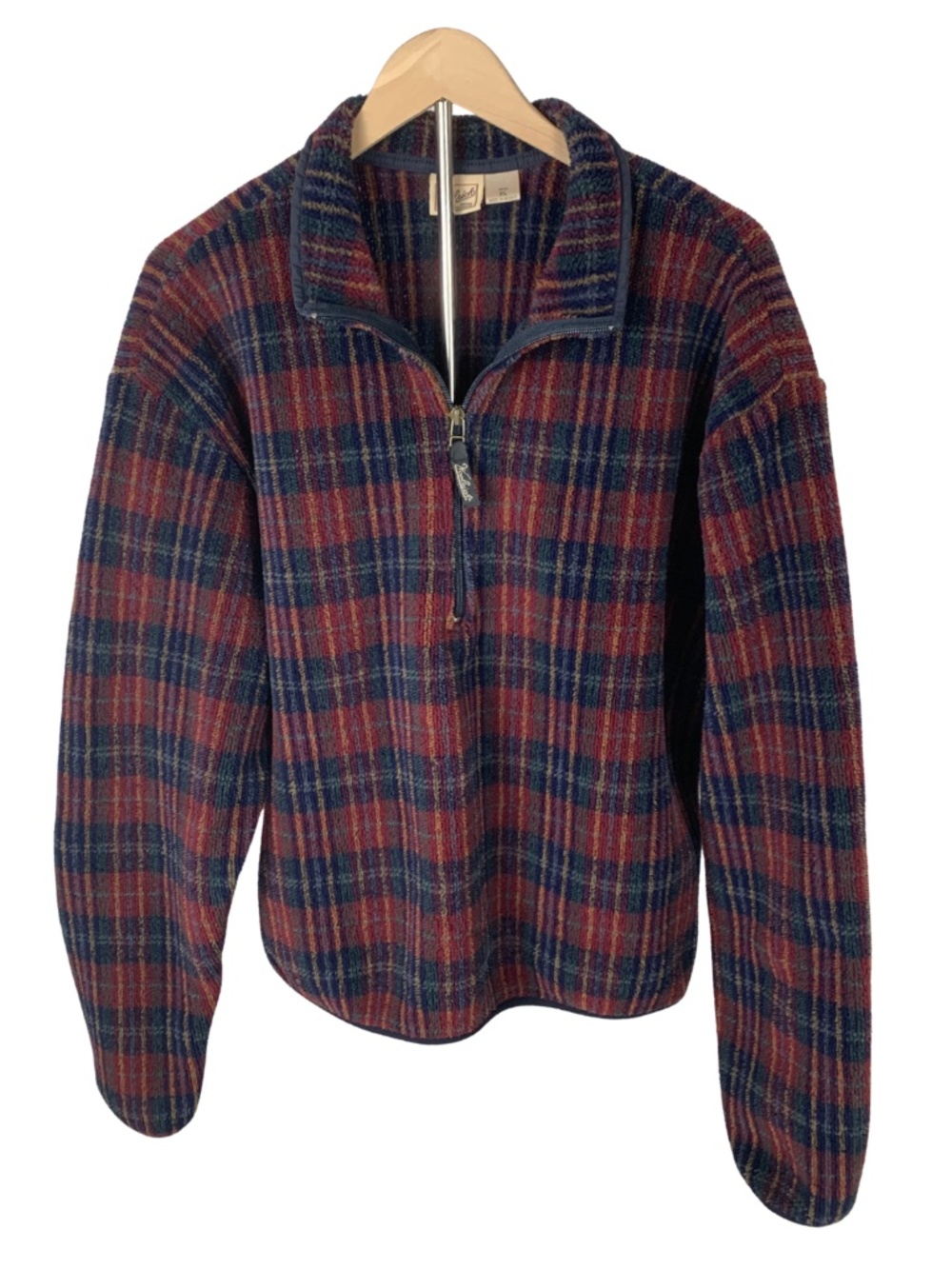 Woolrich Navy Red Plaid Teddy Polartec Quarter-Zip Sweater Vintage Fall Gorpcore